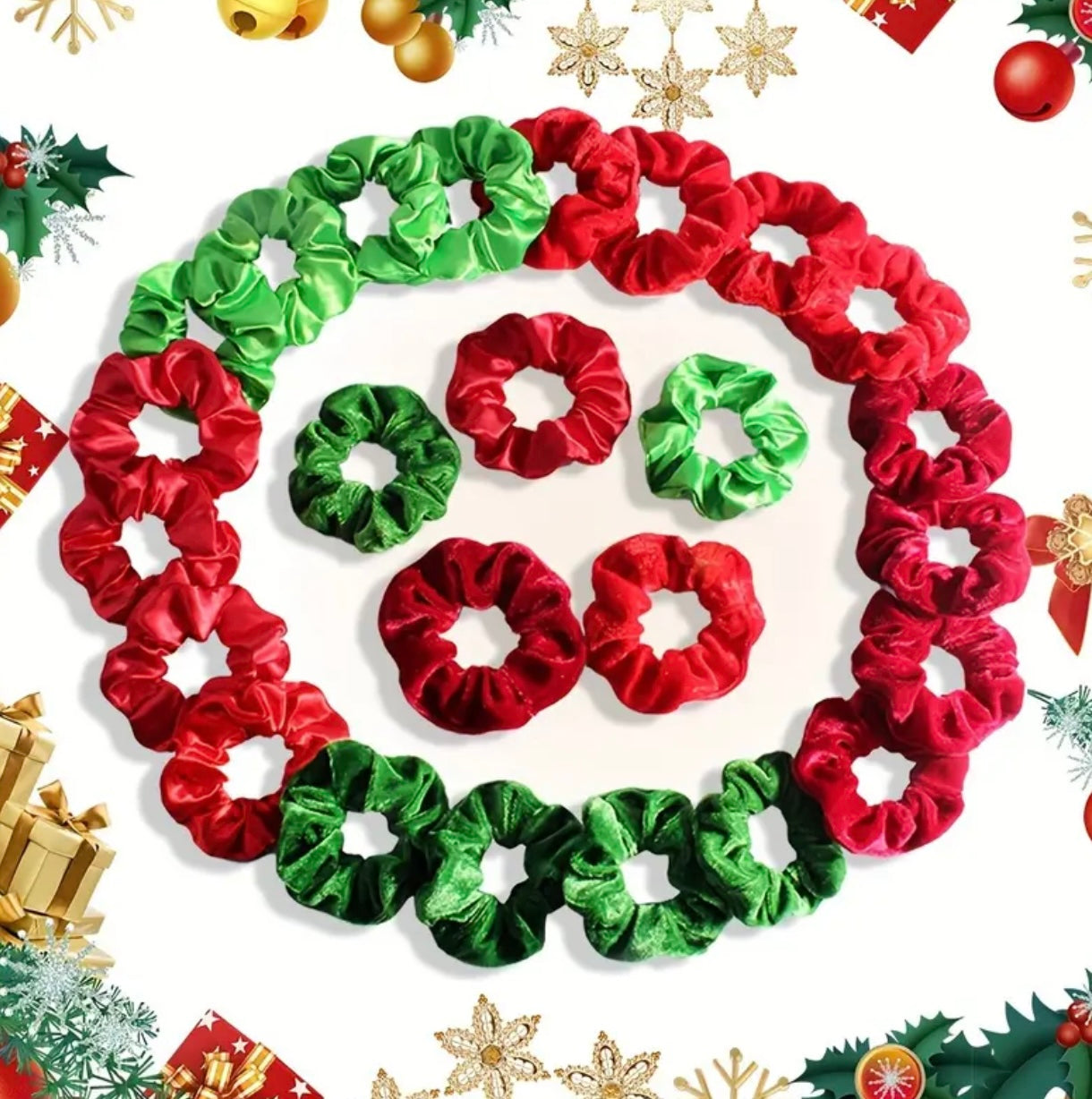 Scrunchies (Moños) Navideños - Tela Satín y Algodón