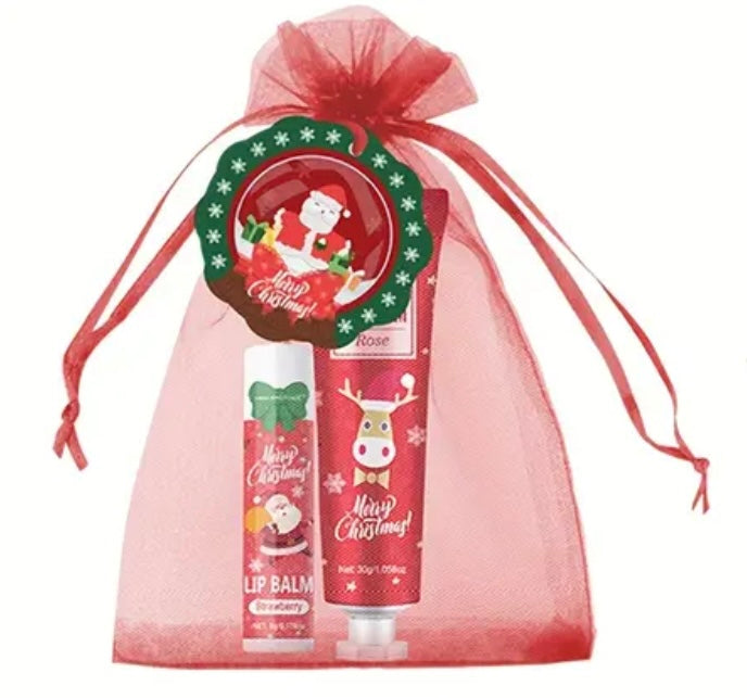 Bolso Navideño con crema y labial hidratante para regalar