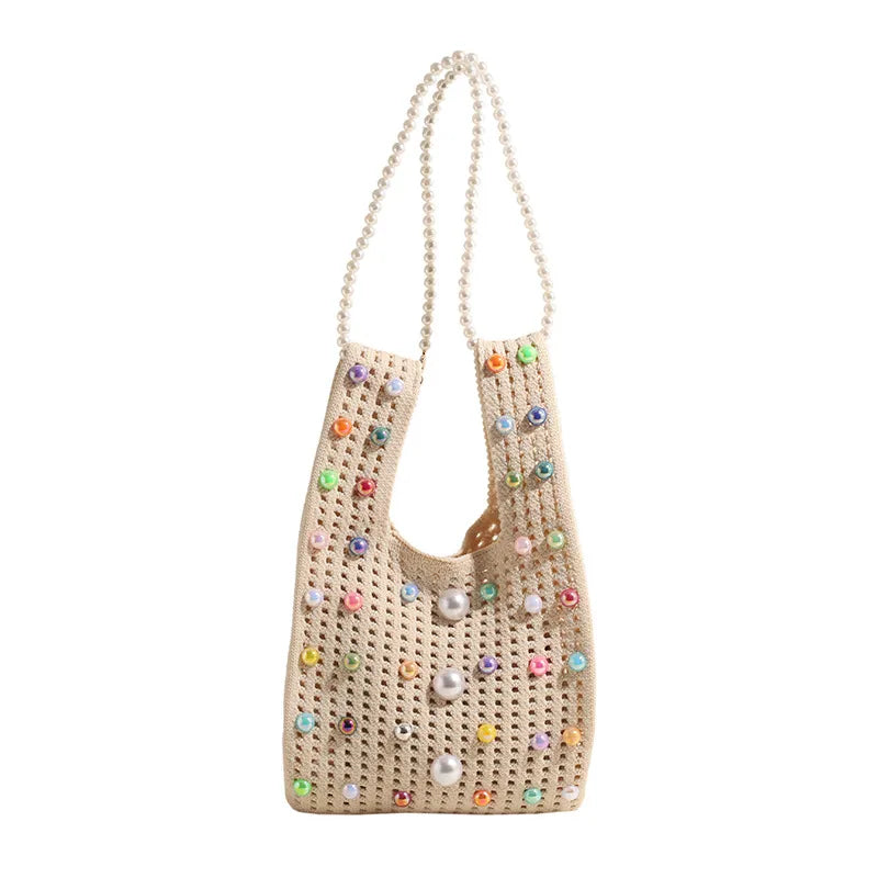 Cartera Tejida con Diseño de Perlas - Cadena de Hombro Ajustable