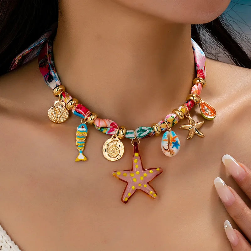 Collar Ajustable en Cinta de Colores con Pendants de Cerámica